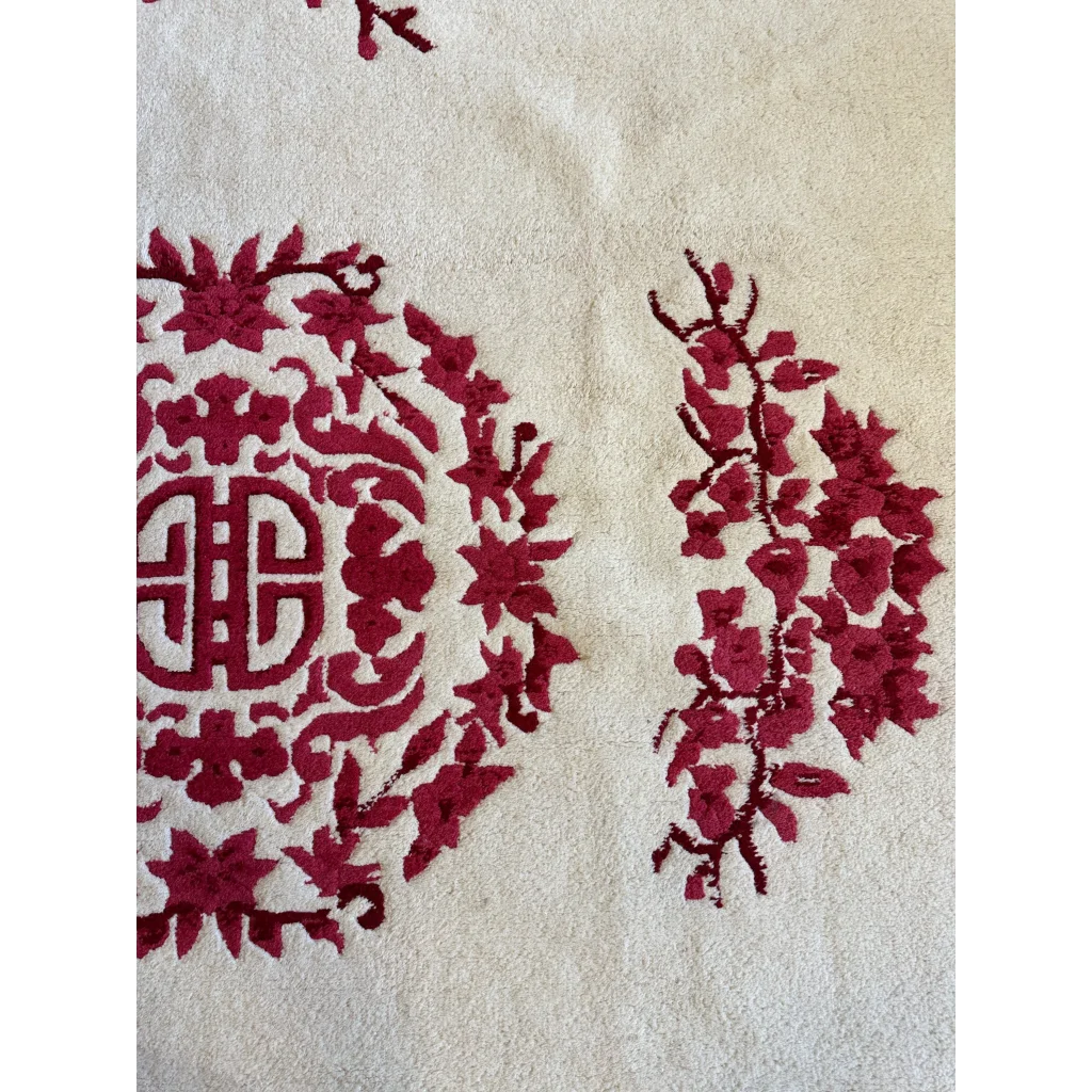 Stunning beige Chinese art deco wool rug with red floral embroidery
