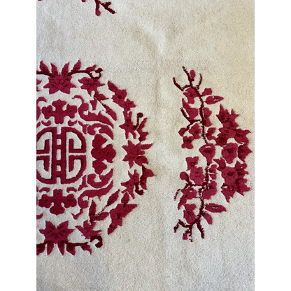 Stunning beige Chinese art deco wool rug with red floral embroidery