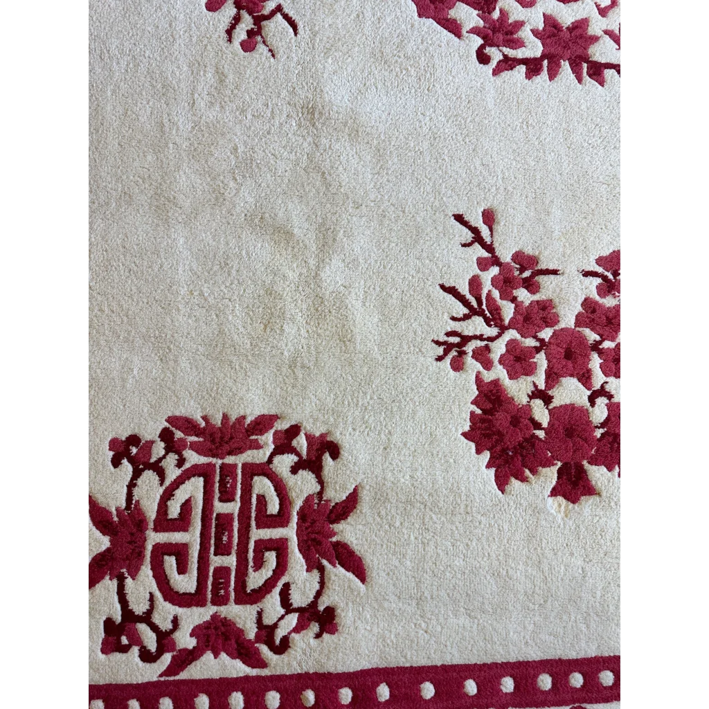 Beige Chinese Art Deco rug with red floral embroidery, border detail, plush hand-knotted wool pile