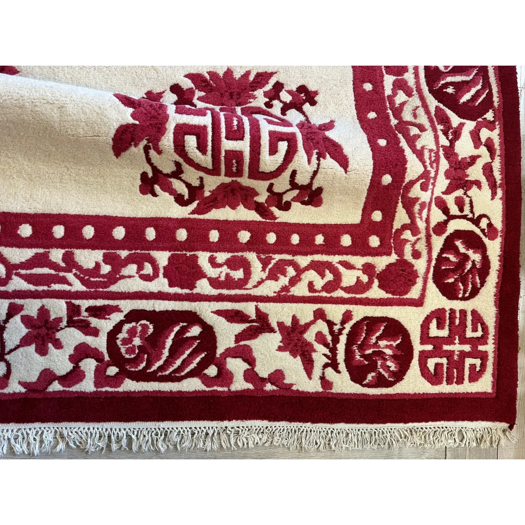 Stunning beige Chinese art deco wool rug with red floral patterns