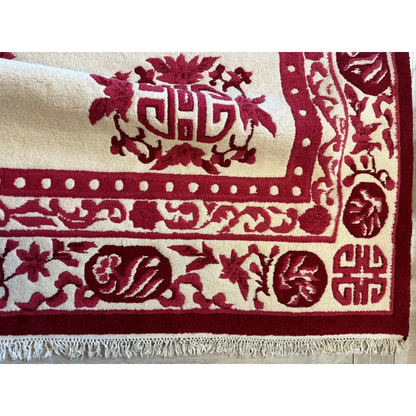 Stunning beige Chinese art deco wool rug with red floral patterns