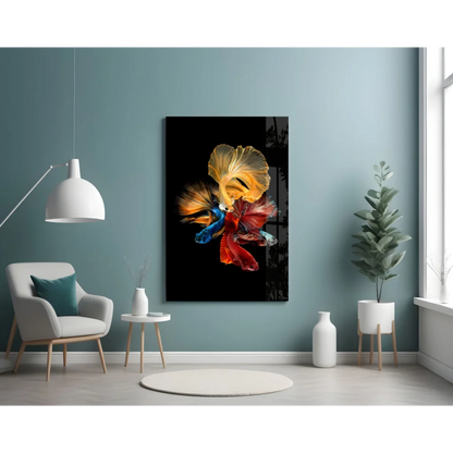 Stunning betta fish glass wall art in gold and red with vibrant abstract hues