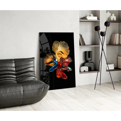 Vibrant multicolored betta fish glass wall art in gold and red