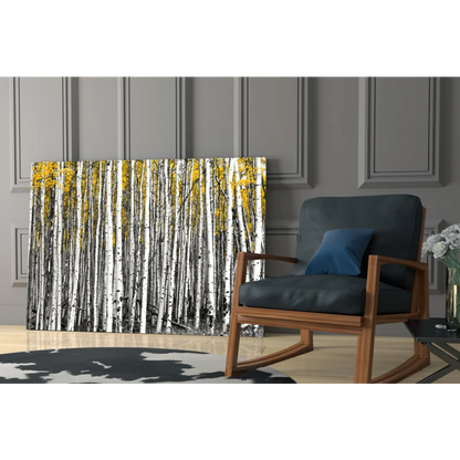 Stunning birch forest wall art print with golden yellow leaves