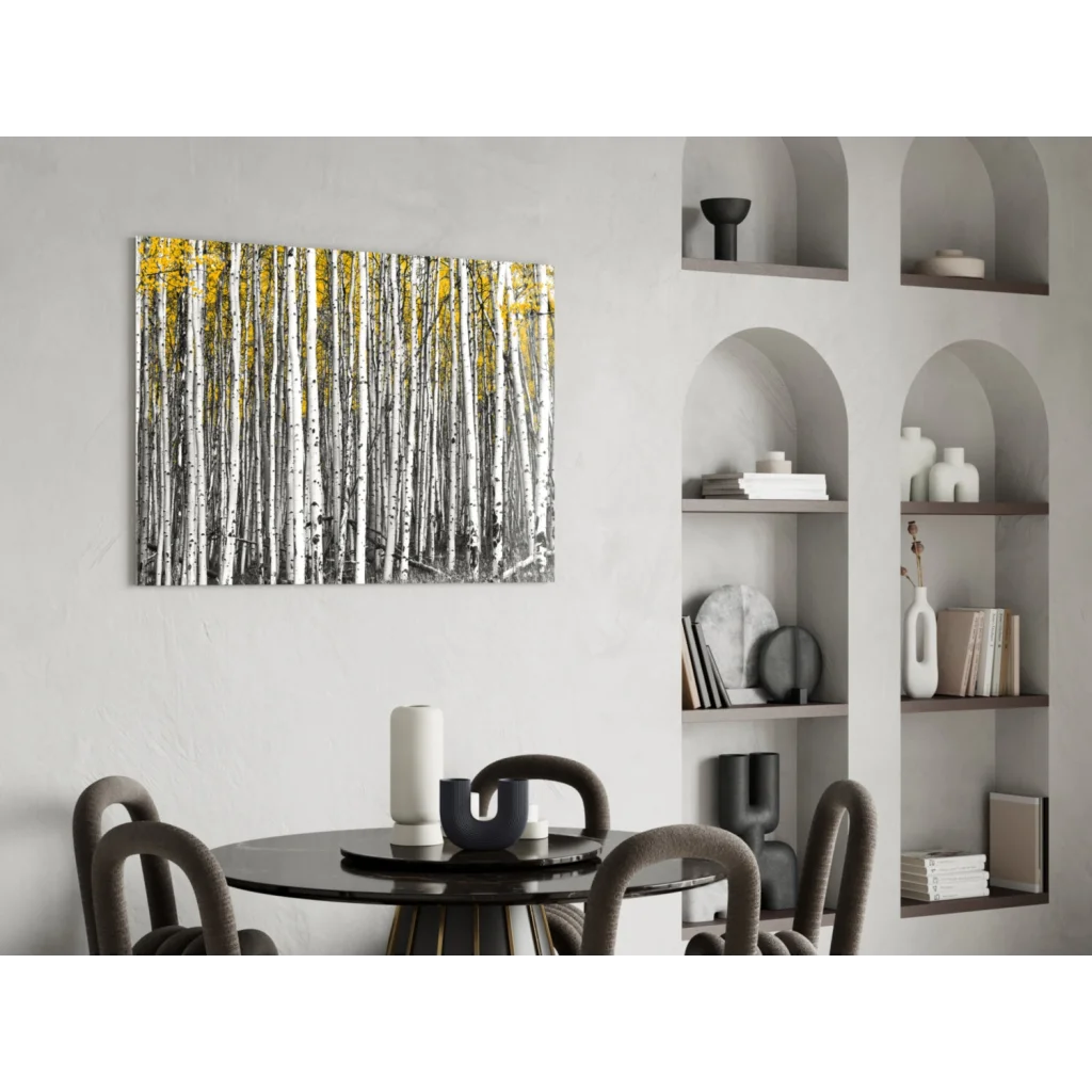 Modern birch forest wall art canvas with golden leaves, silver and black details