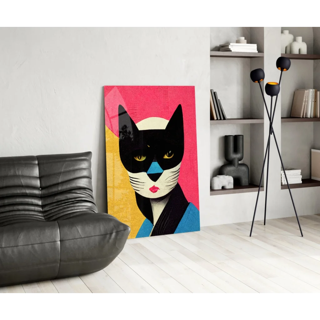 Stunning black cat glass wall art with bold pink accents