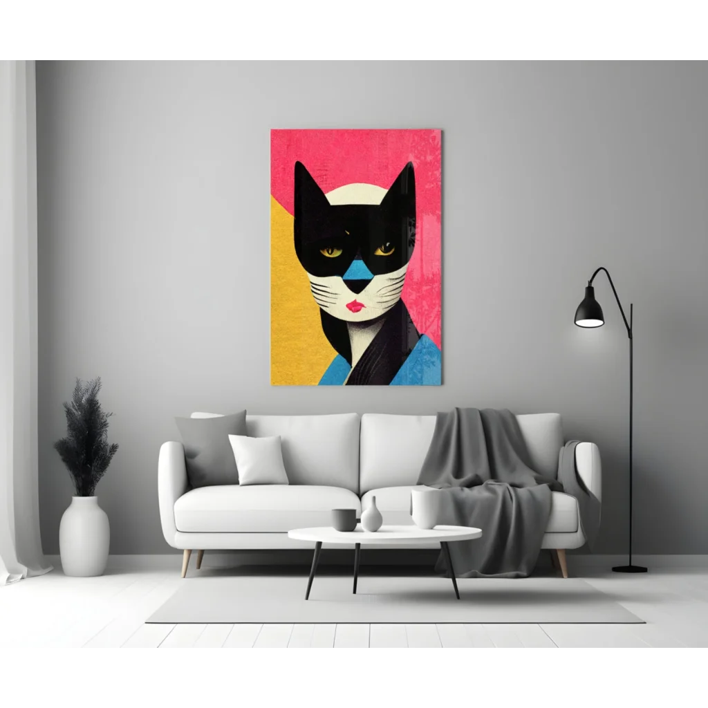 Stunning black cat glass wall art with bold pink accents