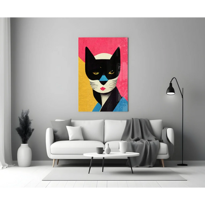 Stunning black cat glass wall art with bold pink accents