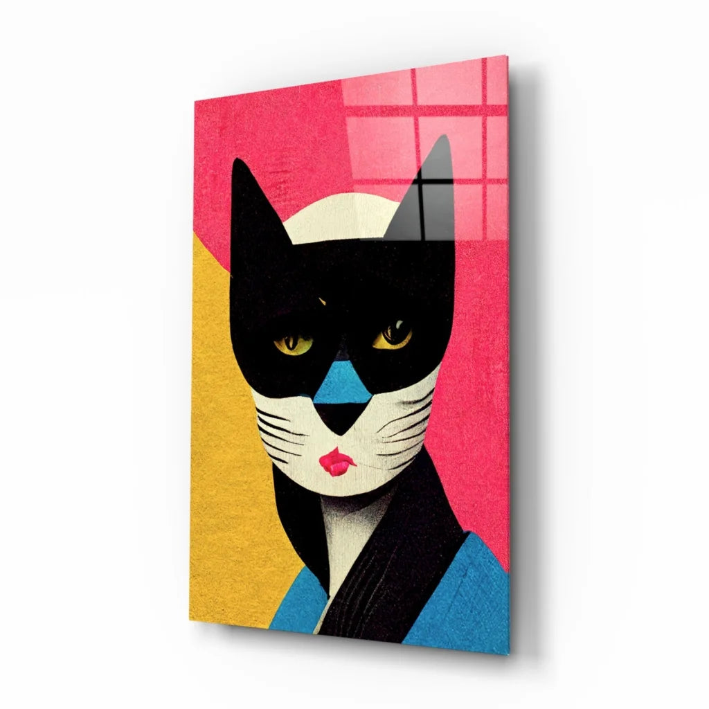 Stunning black cat glass wall art on pink yellow background