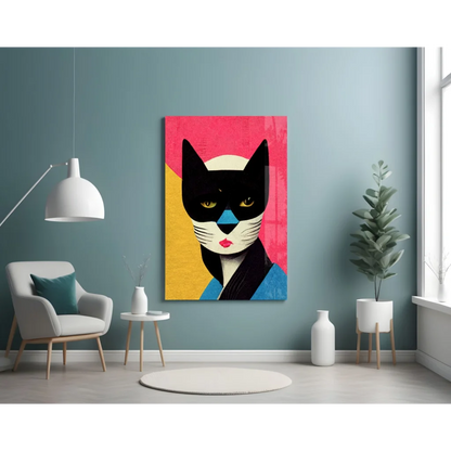 Stunning black cat glass wall art with bold pink accents