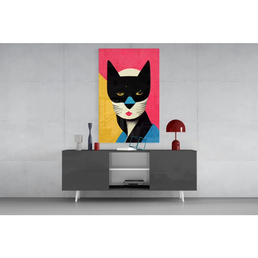 Stunning black cat glass wall art with bold pink accents