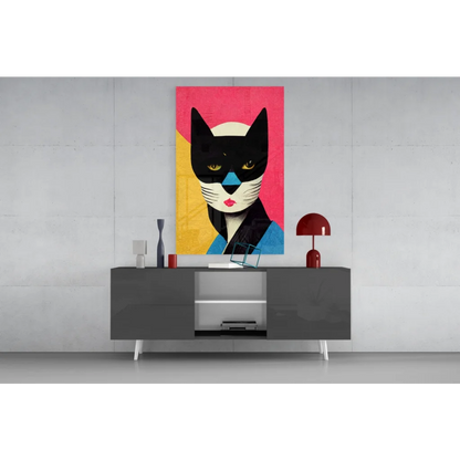 Stunning black cat glass wall art with bold pink accents