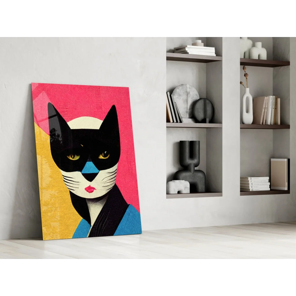 Vibrant pop art black cat glass wall art with bold pink accents