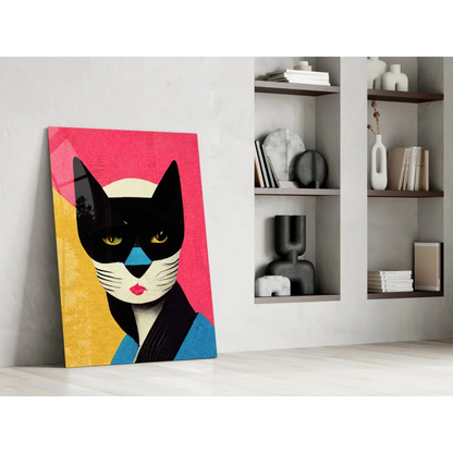 Vibrant pop art black cat glass wall art with bold pink accents