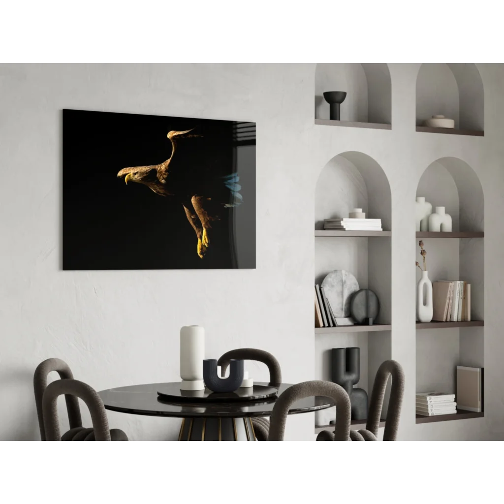 Stunning Black Eagle wall art with gold accents over black dining set