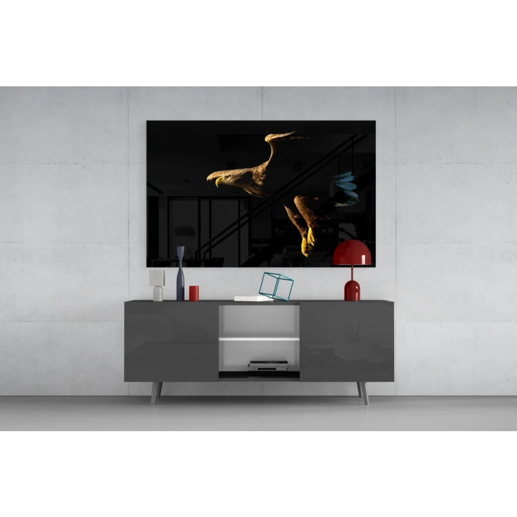 Stunning Black Eagle glass wall art with gold accents on Samsung QLED TV