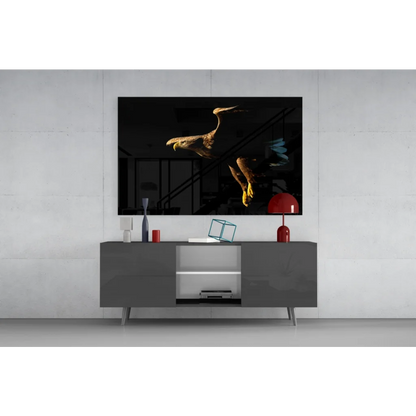 Stunning Black Eagle glass wall art with gold accents on Samsung QLED TV