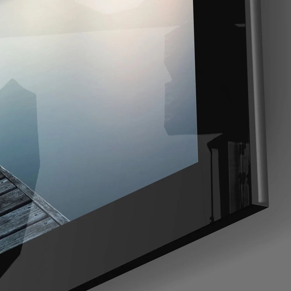 Stunning black glass wall art with glossy mirror and sleek wooden dock frame