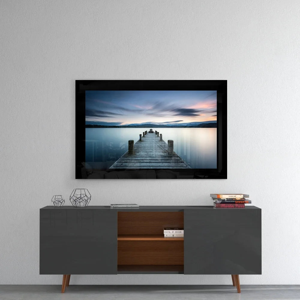 Stunning black glass wall art with wooden dock scene