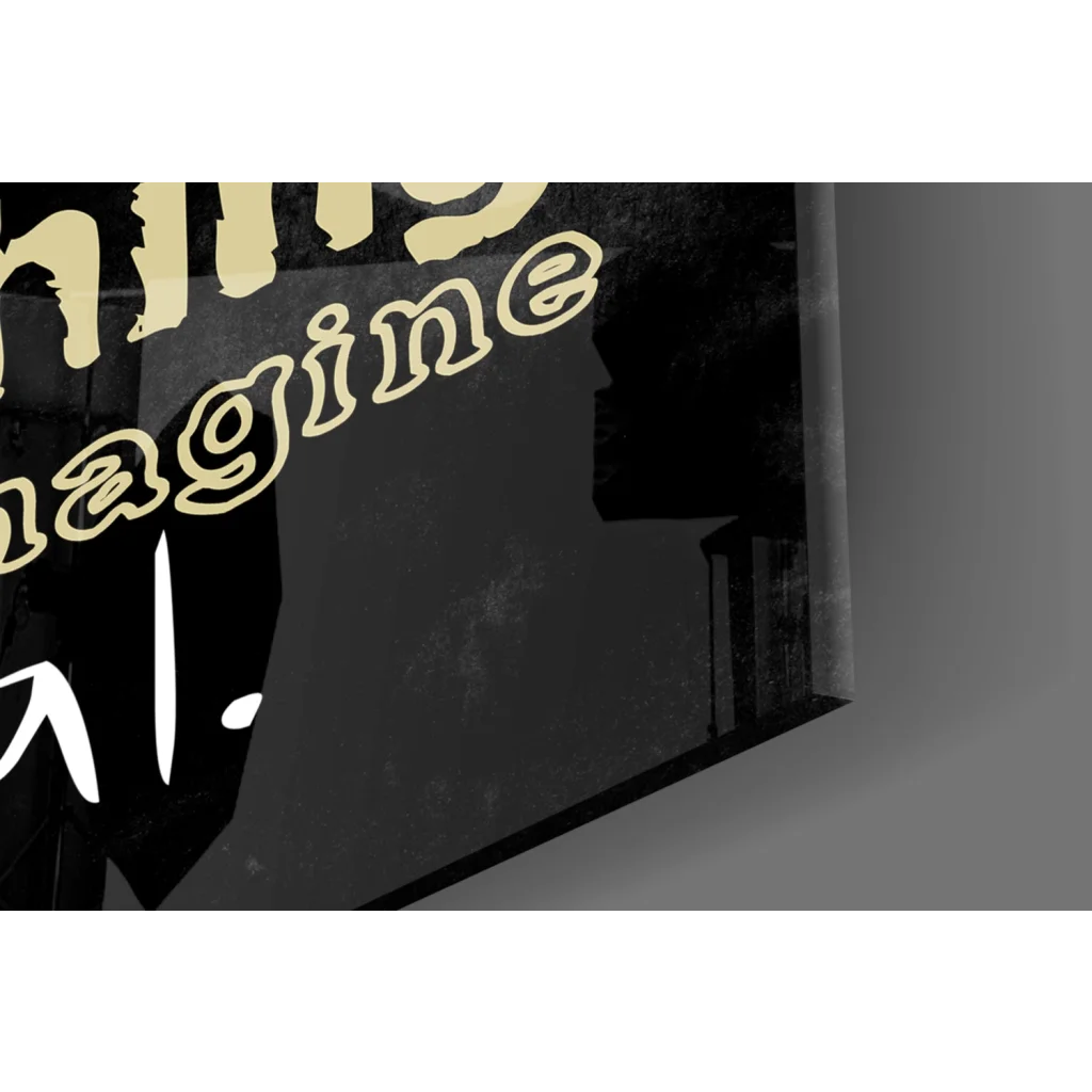 Black glossy glass wall art sign with gold cursive Imagine quote