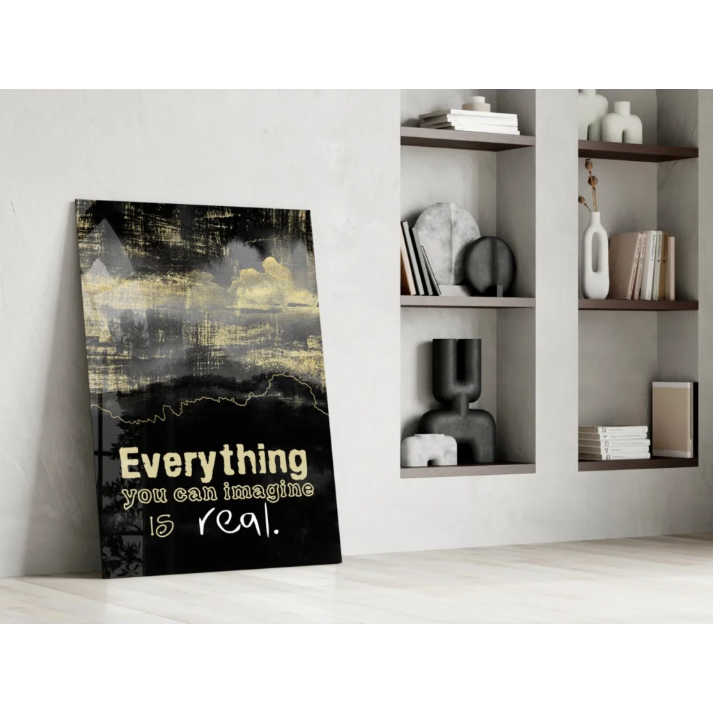 Black gold abstract wall art canvas with imagination quote Everything you can imagine is real