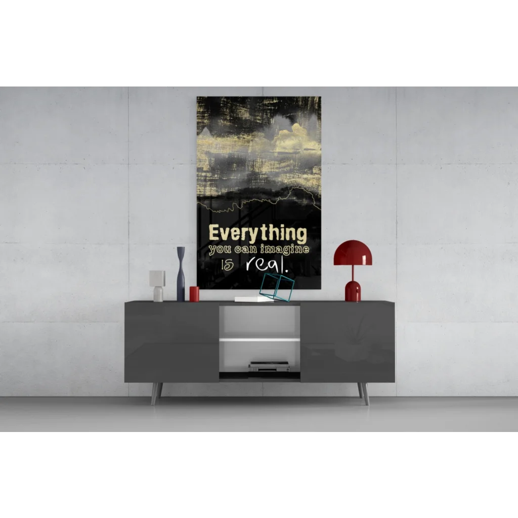 Black gold abstract wall art canvas with imagination quote Everything You Can Imagine Is Real