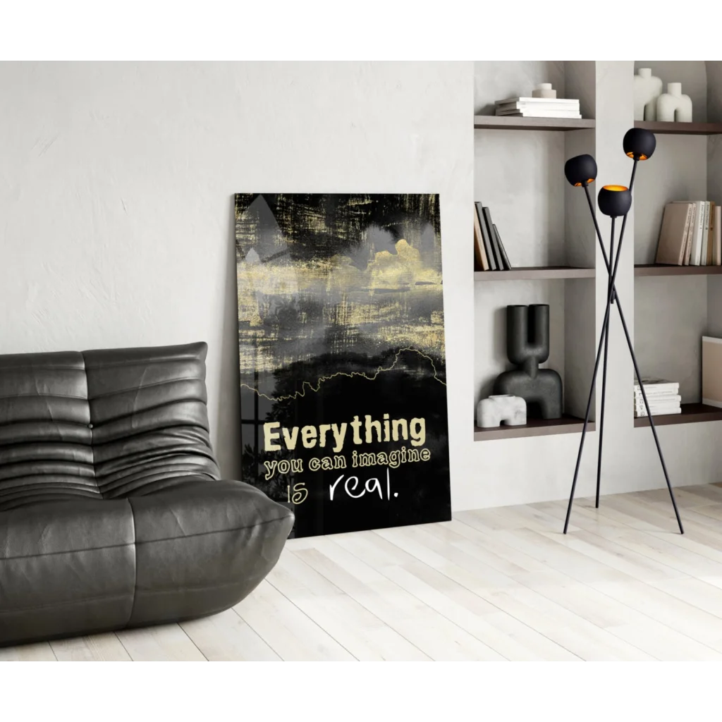 Black gold abstract wall art canvas with imagination quote Everything you can imagine is real