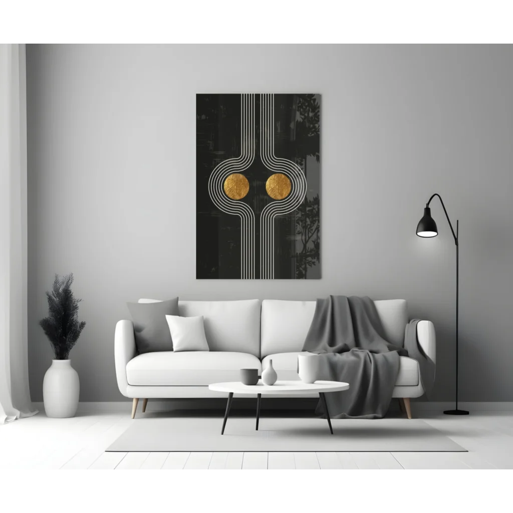 Stunning black gold abstract wall art print with white lines