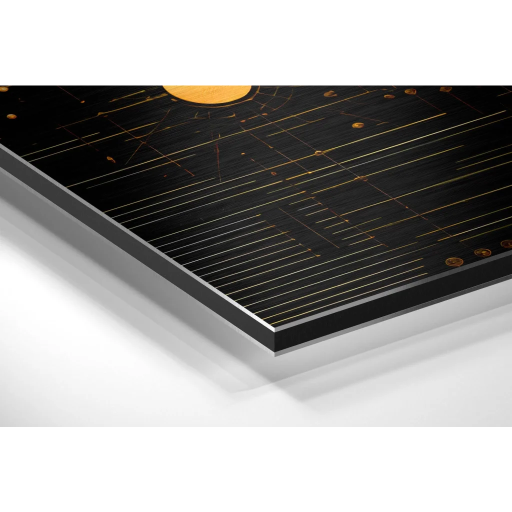 Glass Wall Art Stunning black gold brushed aluminium dibond circuit art panel with golden sun