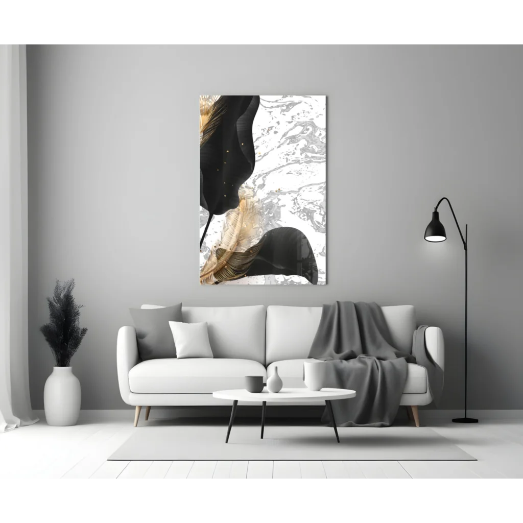 Stunning black gold feather glass wall art with marble design