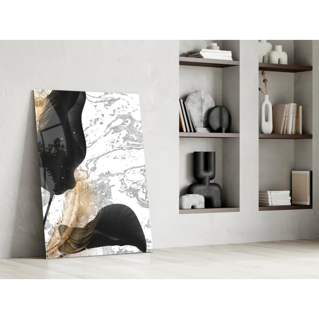 Stunning black gold feather glass wall art with marble design