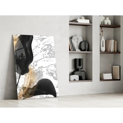 Stunning black gold feather glass wall art with marble design