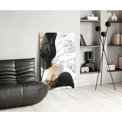 Stunning black gold feather glass wall art with marble design