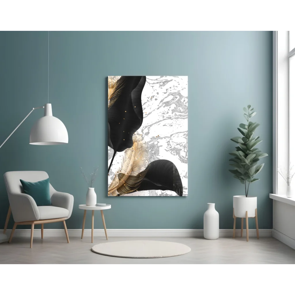 Stunning black gold feather glass wall art with marble texture