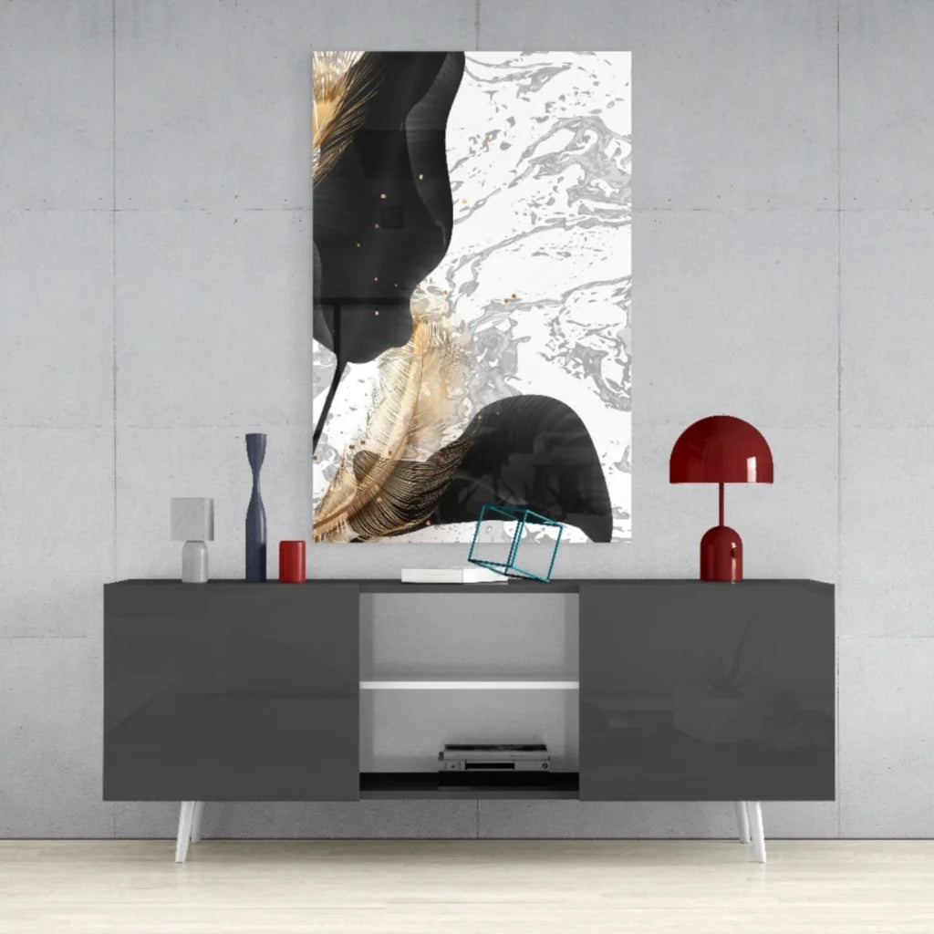 Stunning black gold feather glass wall art with marble design