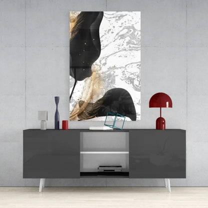 Stunning black gold feather glass wall art with marble design