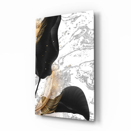 Stunning black gold feather glass wall art with marble design