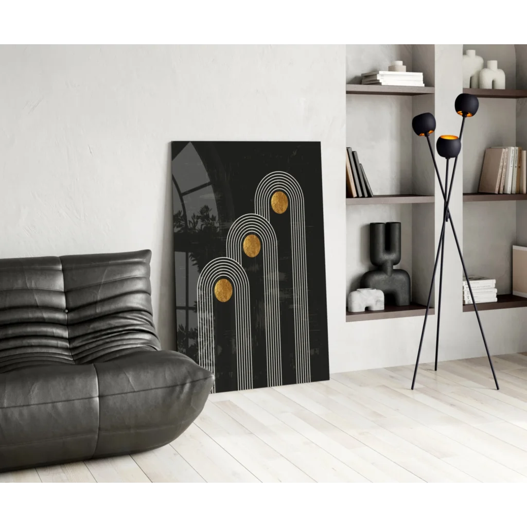 Black leather sofa under stunning black gold geometric wall art print