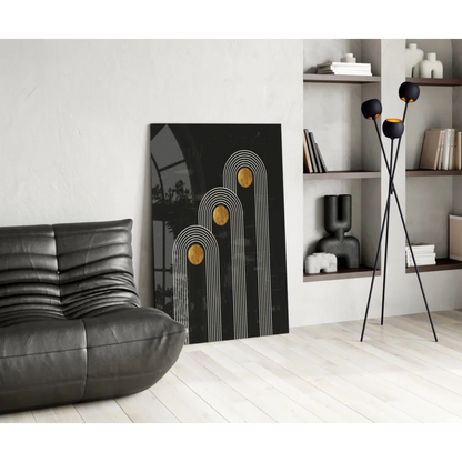 Black leather sofa under stunning black gold geometric wall art print