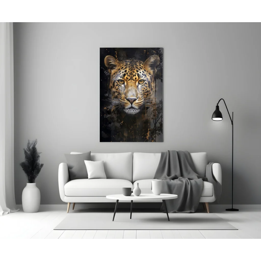 Stunning black gold leopard glass wall art canvas above white sofa