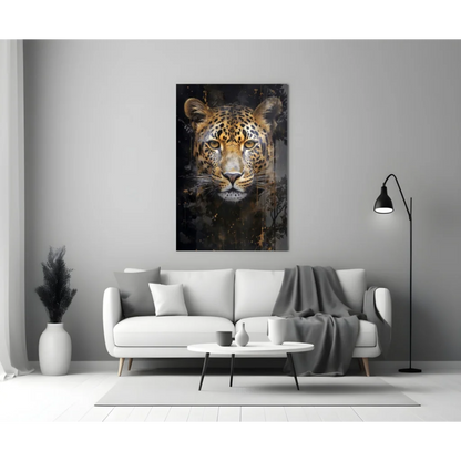 Stunning black gold leopard glass wall art canvas above white sofa