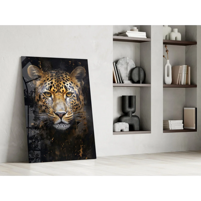 Stunning black gold leopard glass wall art with fierce textured gaze