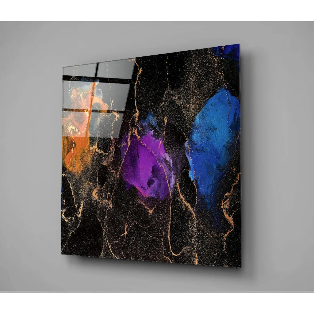 Vibrant abstract glass wall art on black background with gold accents