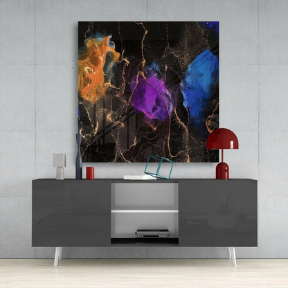 Modern black lacquered sideboard with white legs and glass wall art storage