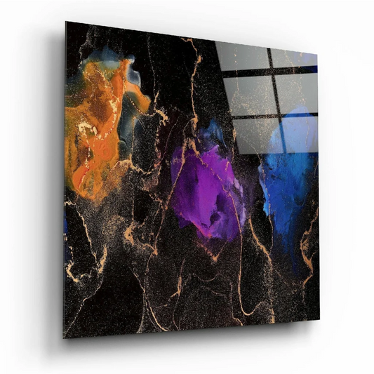 Stunning black gold marble glass wall art with purple abstract design