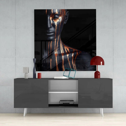 Stunning black gold metallic face glass wall art portrait