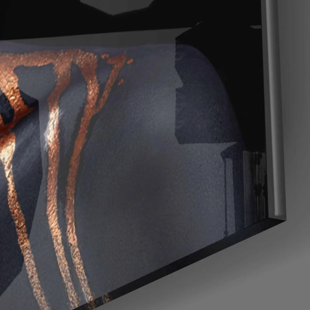 Stunning black gold metallic glass wall art with copper drips on textured background