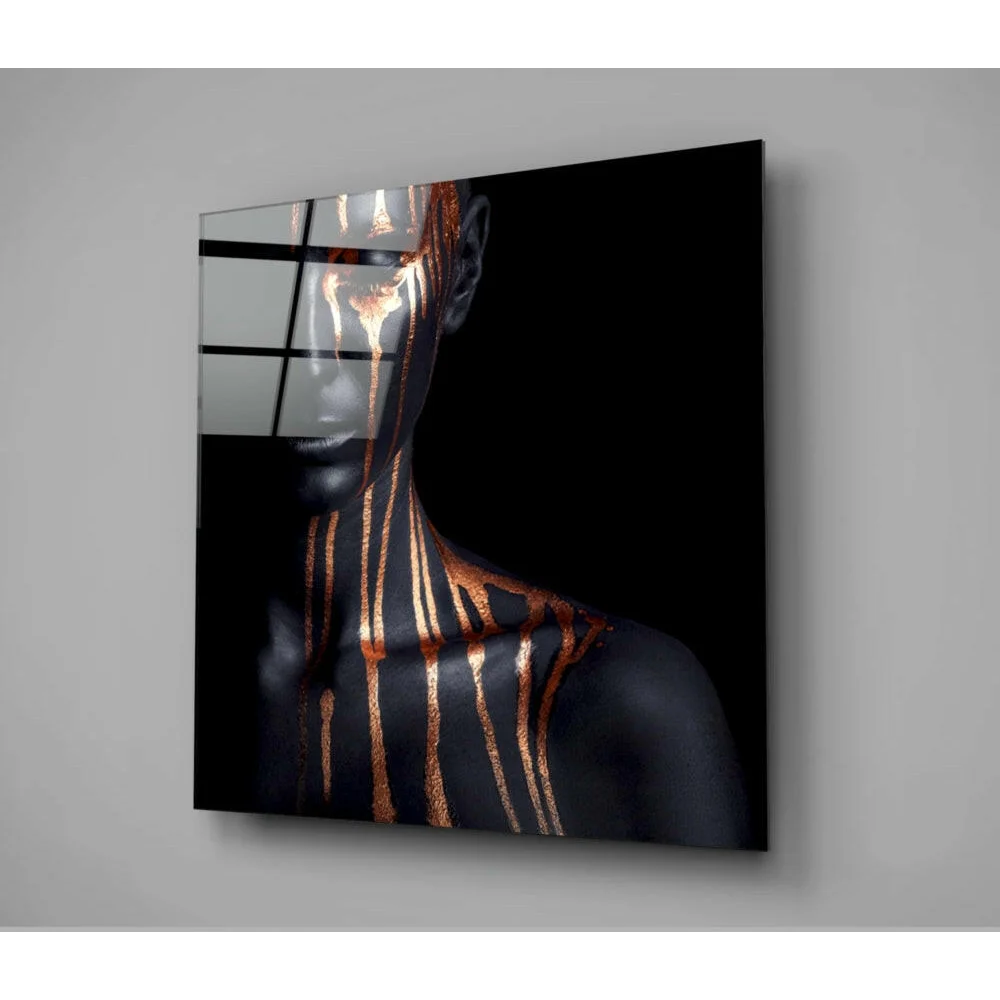 Stunning black gold metallic face glass wall art with glossy acrylic figure