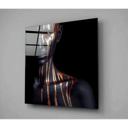 Stunning black gold metallic face glass wall art with glossy acrylic figure