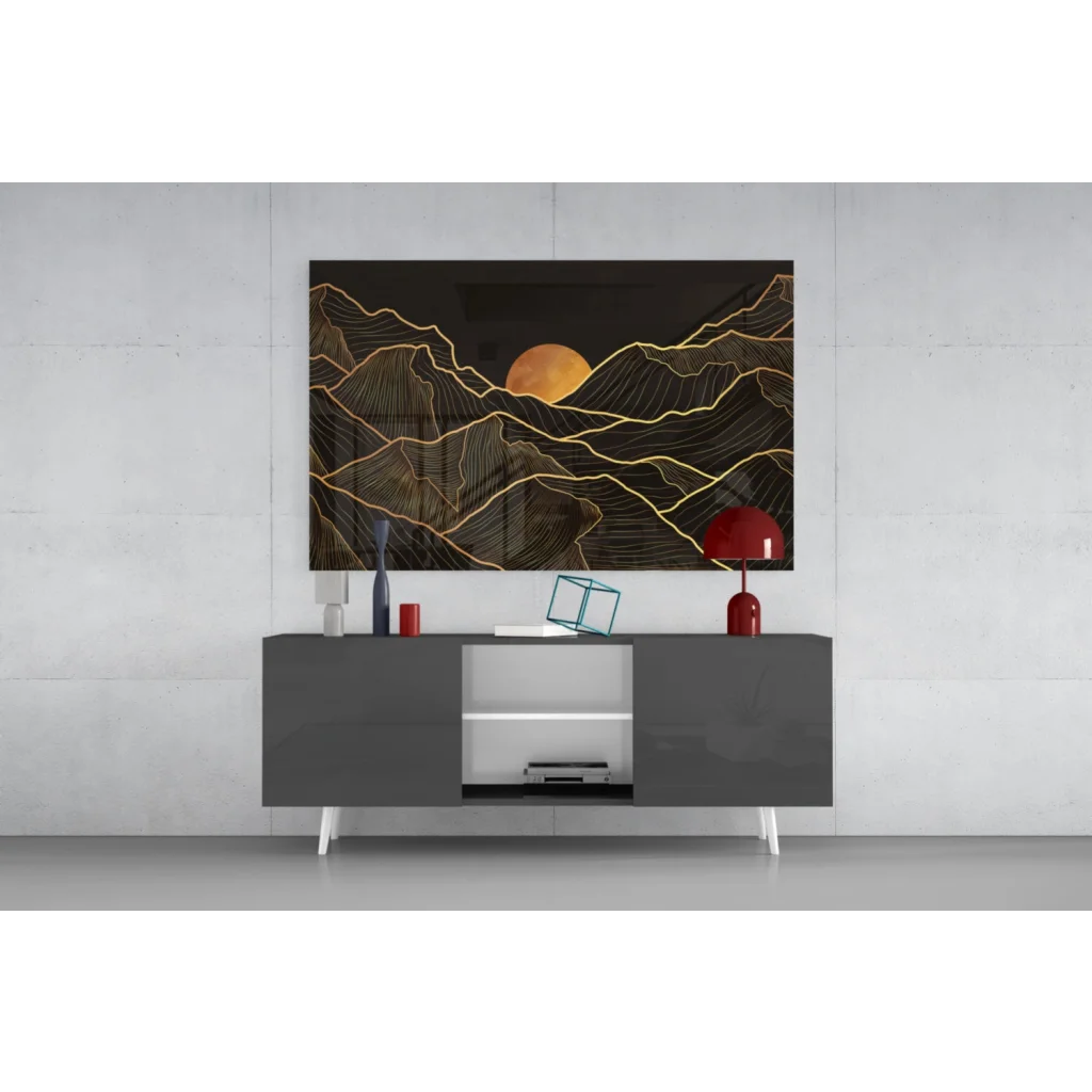 Sleek modern gray TV stand with white legs and storage, black gold mountain glass wall art